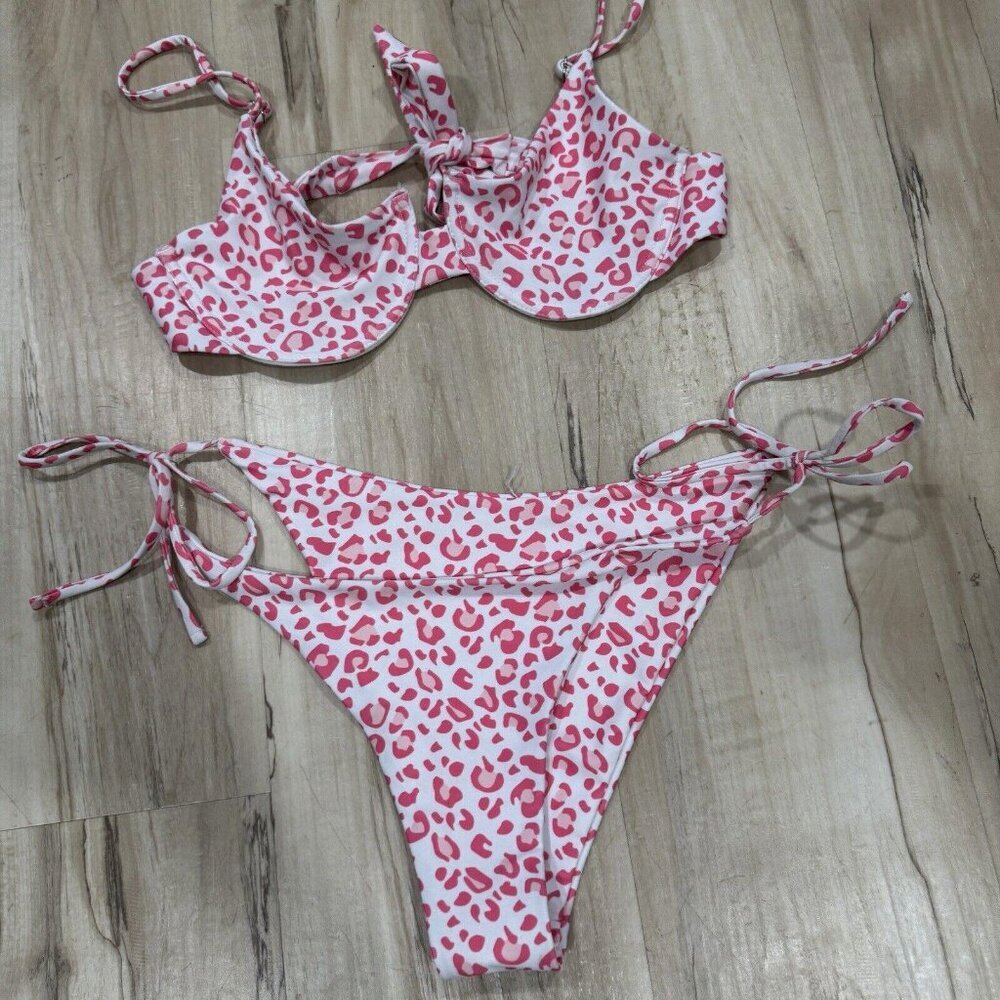 Women’s Zaful White Pink Leopard Print Bikini Swim Swimsuit Size‎ 8 2 Piece Set - Picture 2 of 5